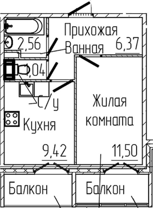 1-комнатная квартира 32.89 м², 6/6 эт., ЖК «SERTOLOVO PARK»
